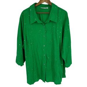 Susan Graver Embroidered Sequin Lawn Shirt Button Up 3/4 Sleeve Women's Size 3X